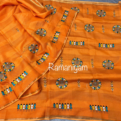 Orange Kota saree with warli embroidery