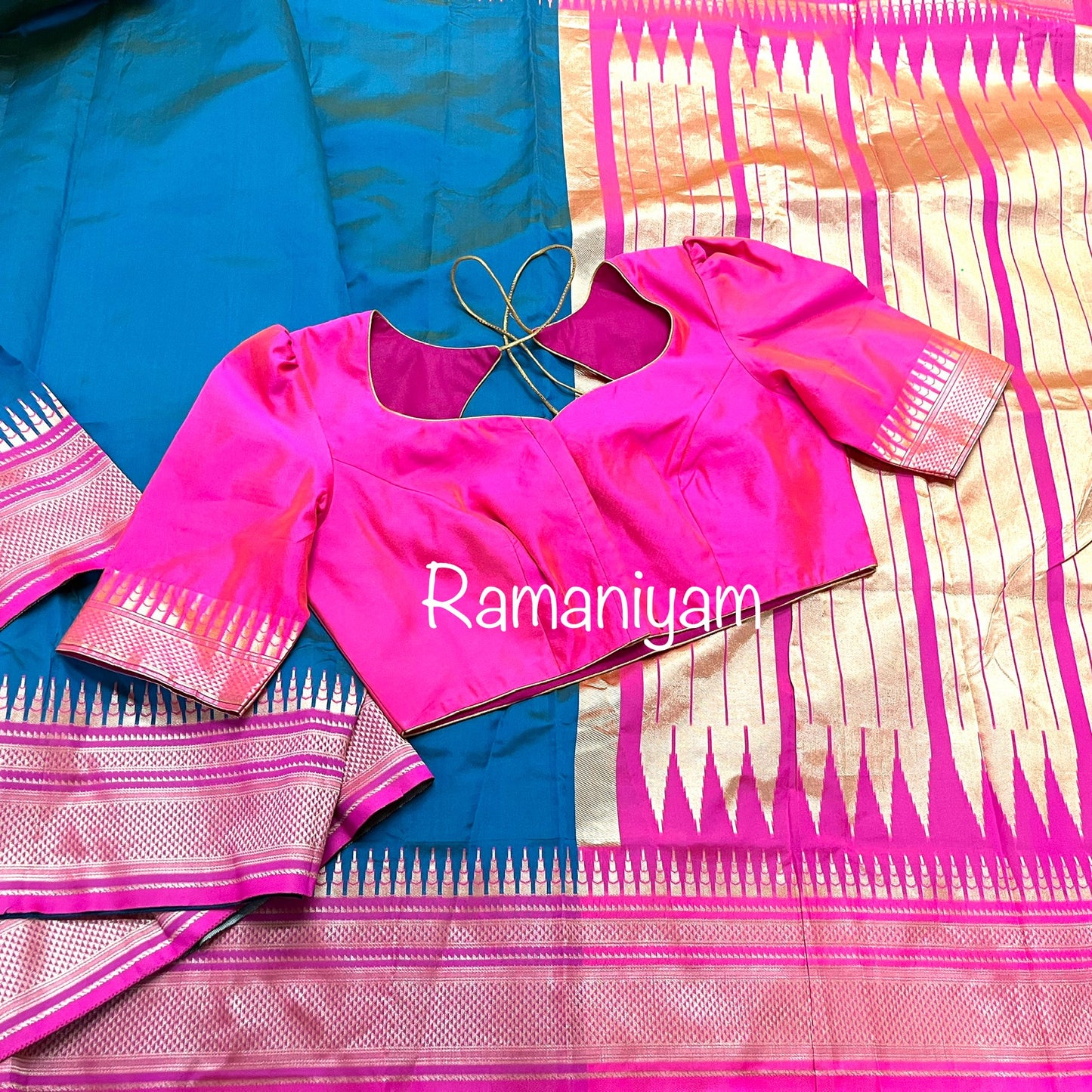 Rama blue and royal pink paithani saree