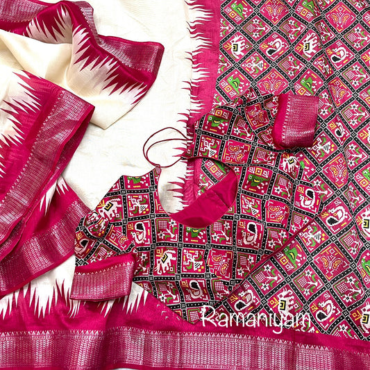 Off white soft silk with contrast temple borders with Patola pallu and blouse