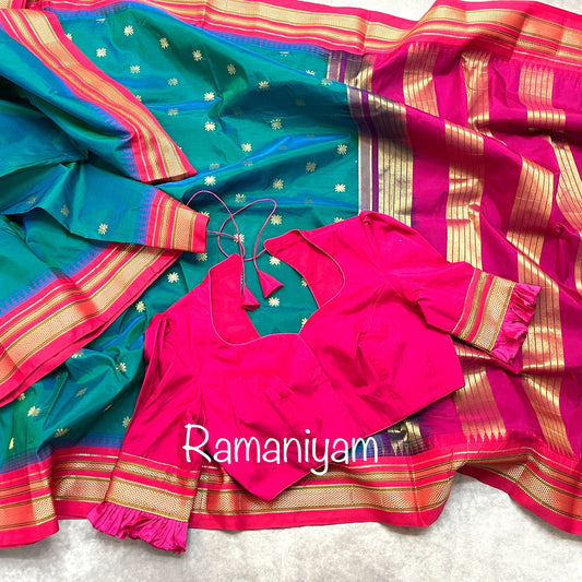 Sea blue and Royal pink combination Paithani Erkal saree