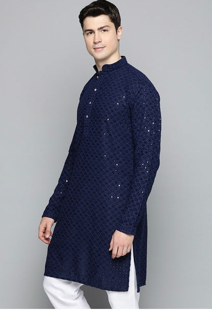 Men’s Kurtha chikankari mirrors work / Dark blue