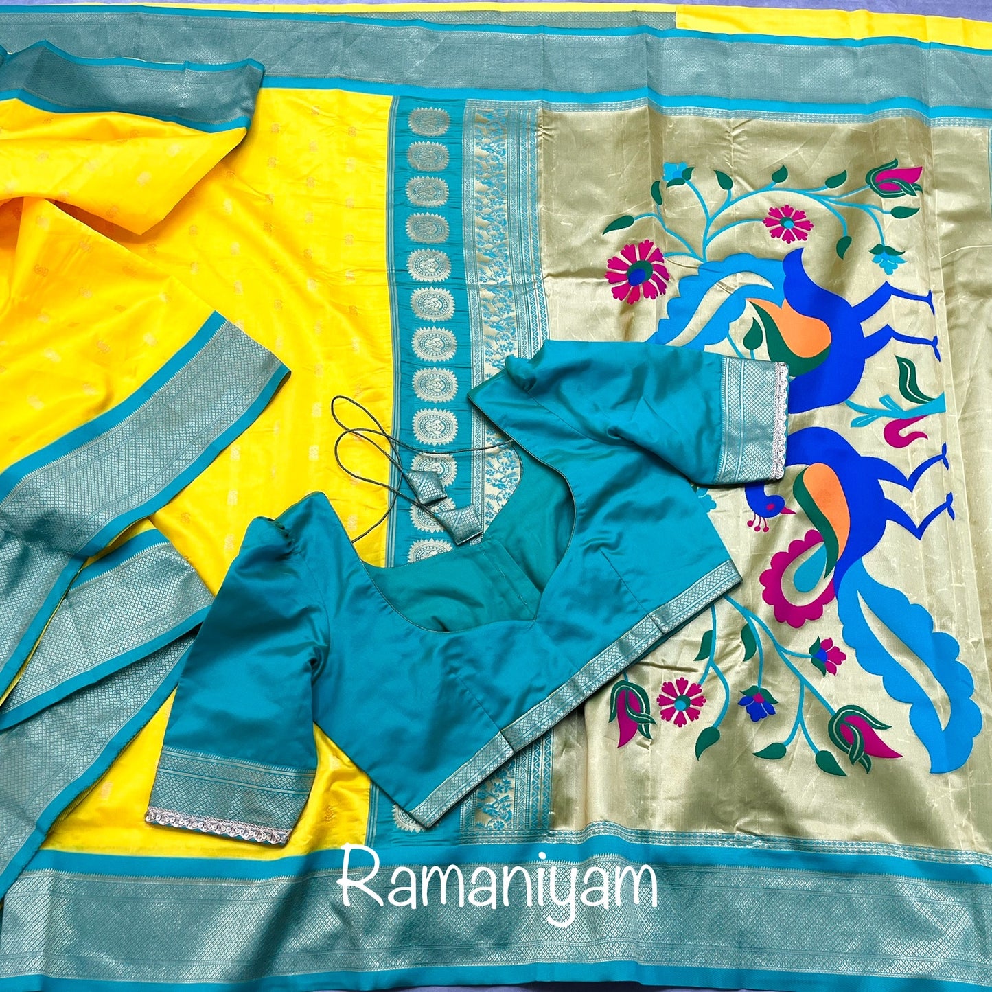 Lime yellow and sea blue maharani Paithani saree