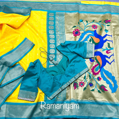 Lime yellow and sea blue maharani Paithani saree