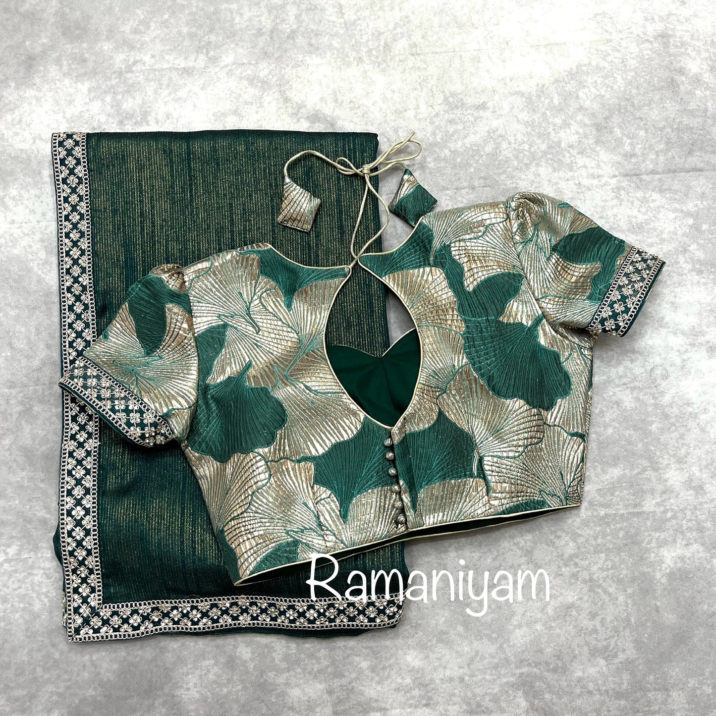 Tissue crape in metallic green with trendy silver and copper metallic blouse