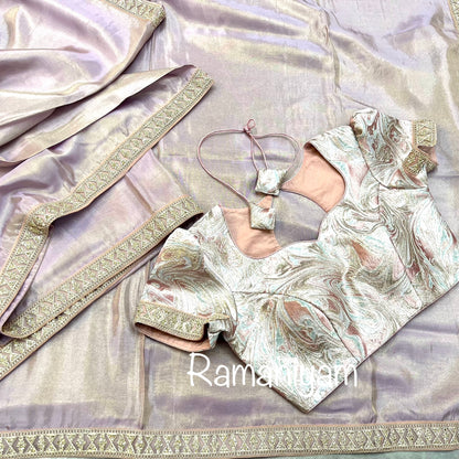 Lilac tissue crape saree with silver gold metallic lilac blouse