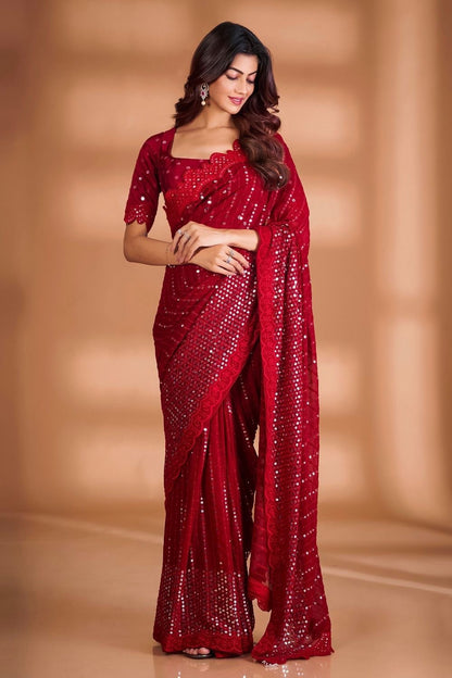 Party wear red georgette saree