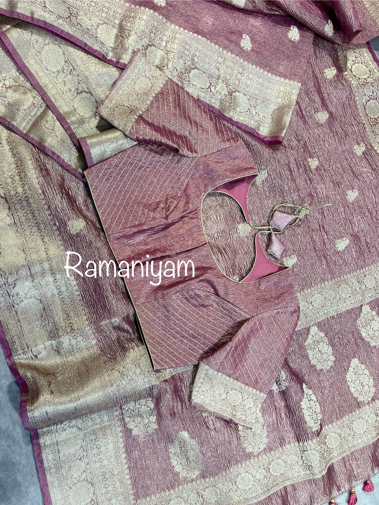 Rose gold banarasi tissue silk saree