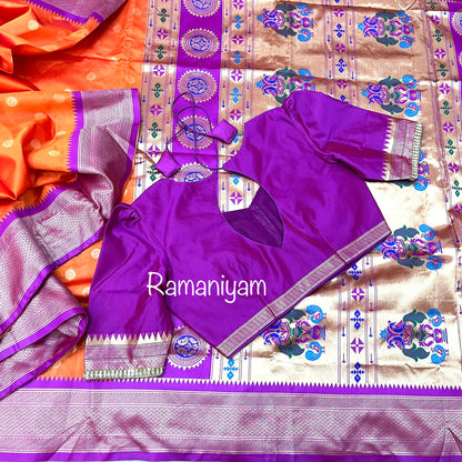 Orange and purple-pink combination Maharani Paithani saree