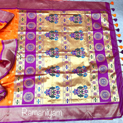 Orange and purple-pink combination Maharani Paithani saree