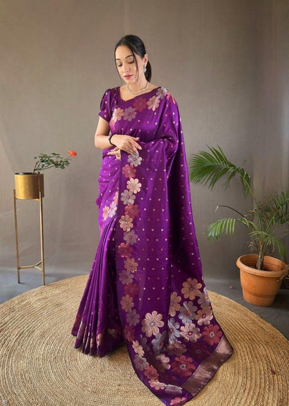 Purple magenta trendy floral weave Kanchi light weight Saree