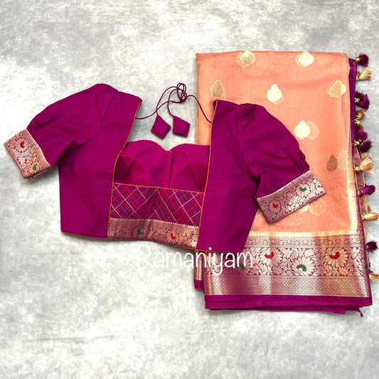 Banarasi kora saree with contrast blouse
