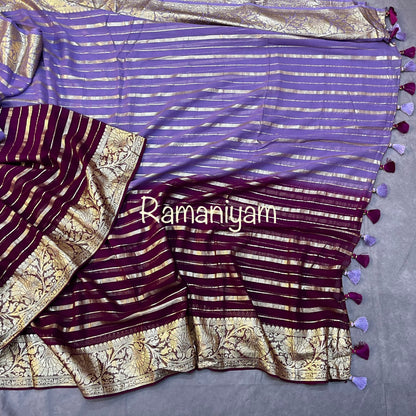 Dual shade of purple and lavender Banarasi georgette saree and velvet blouse