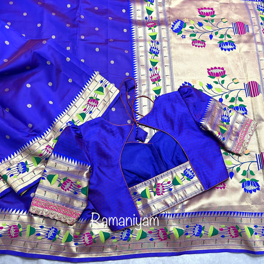 Royal blue lotus border paithani saree with hand work blouse