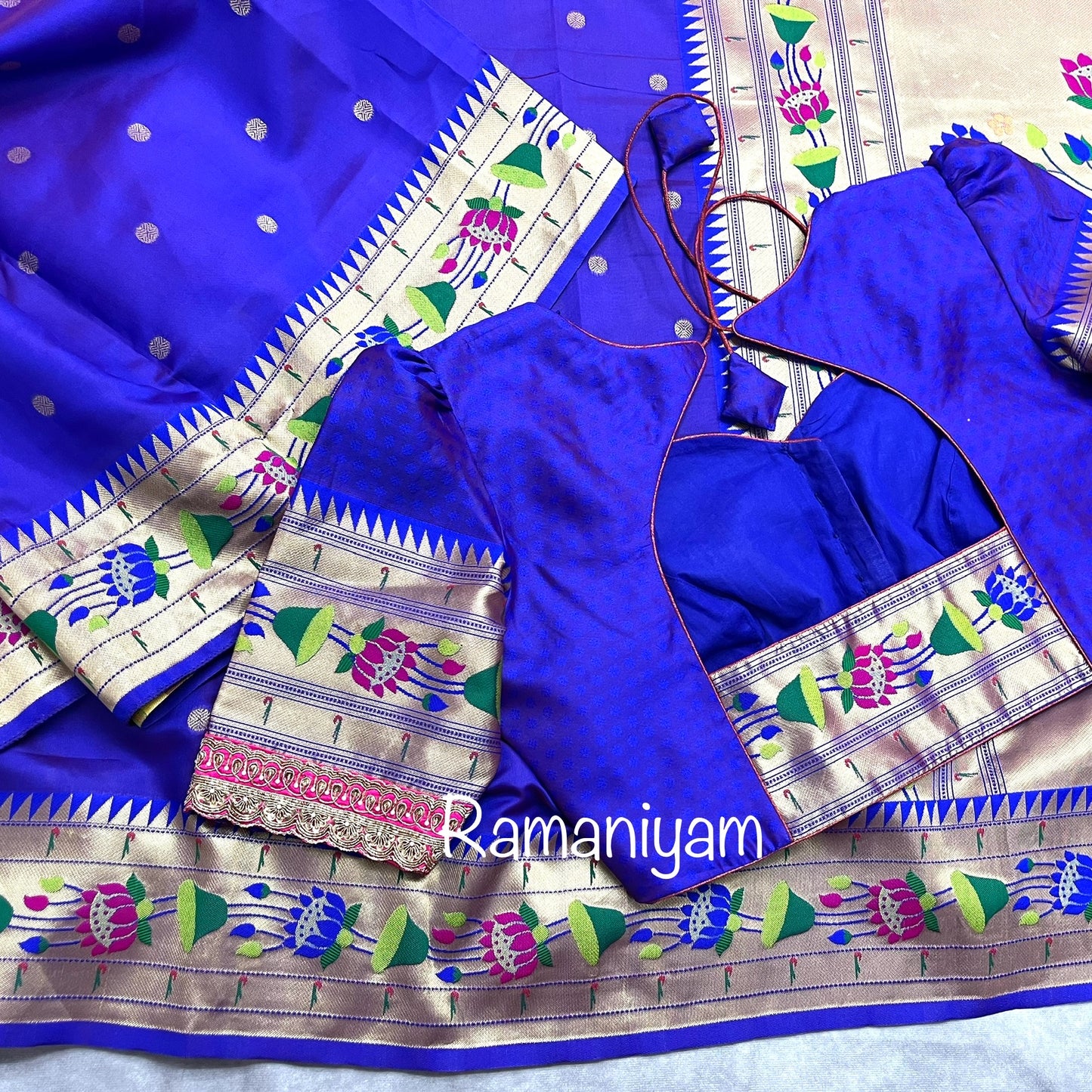 Royal blue lotus border paithani saree with hand work blouse