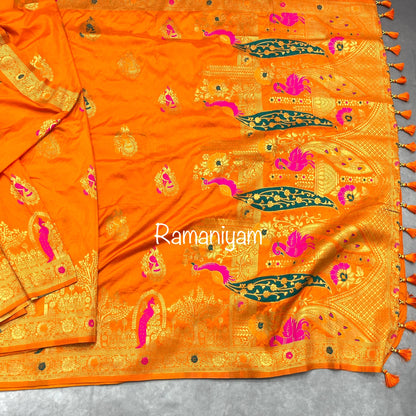 Orange Dola silk saree scalloped v neck blouse