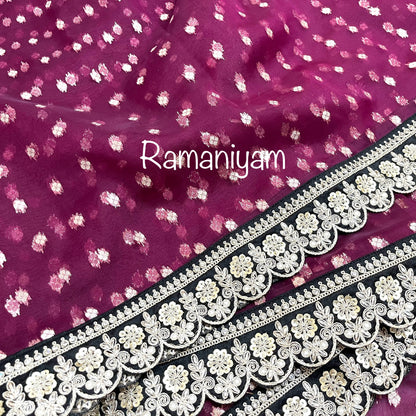 Magenta organza saree Sabhyasachi inspired Indian jungle concept thread work blouse