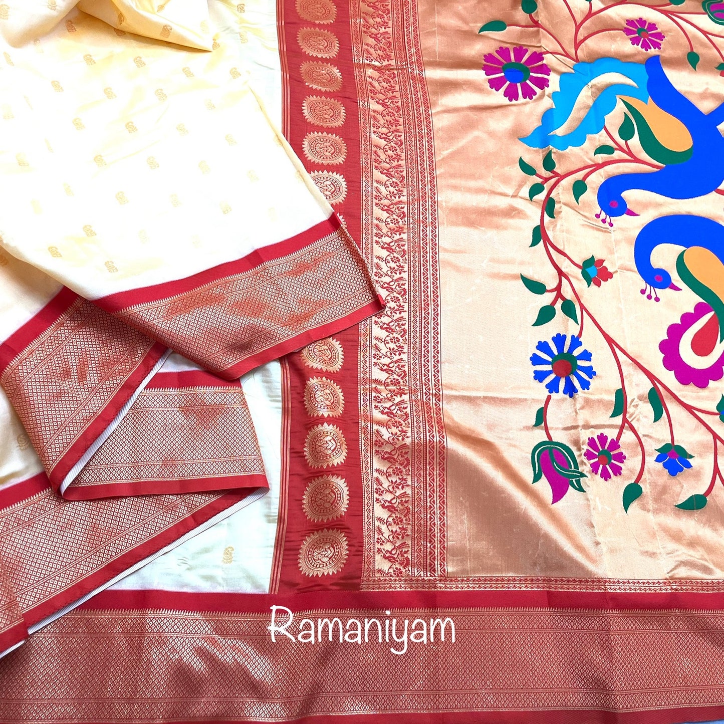 Off white and red Maharani Paithani saree