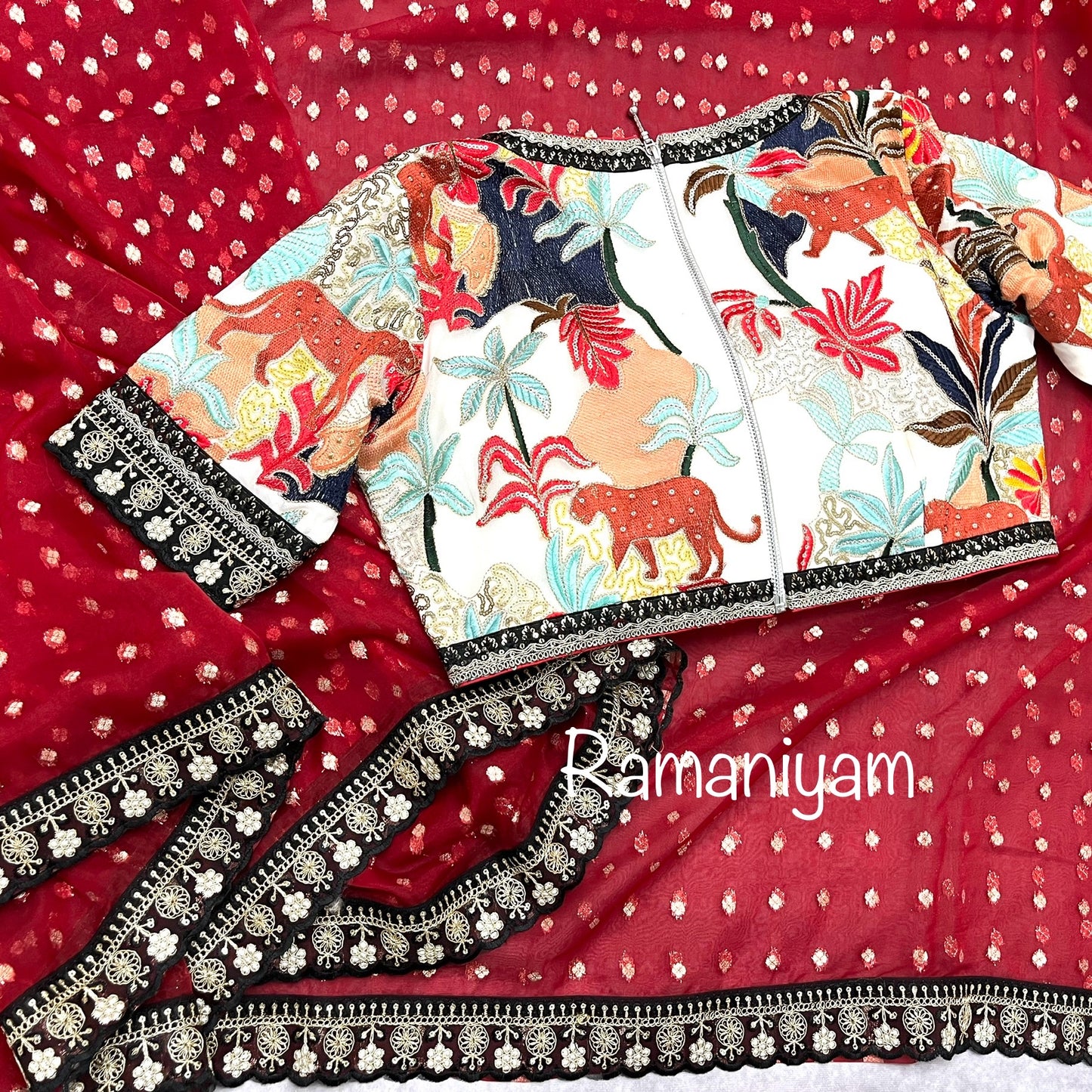 Red organza saree Sabhyasachi inspired Indian jungle concept thread work blouse