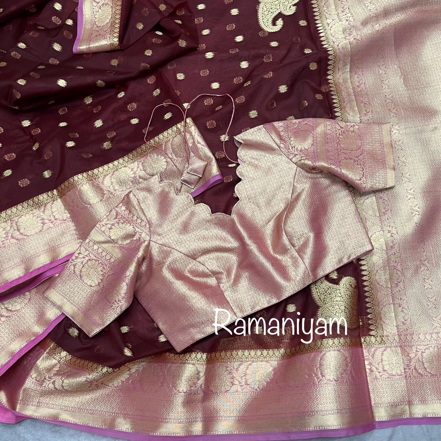 Maroon and rose pink Banarasi kora saree