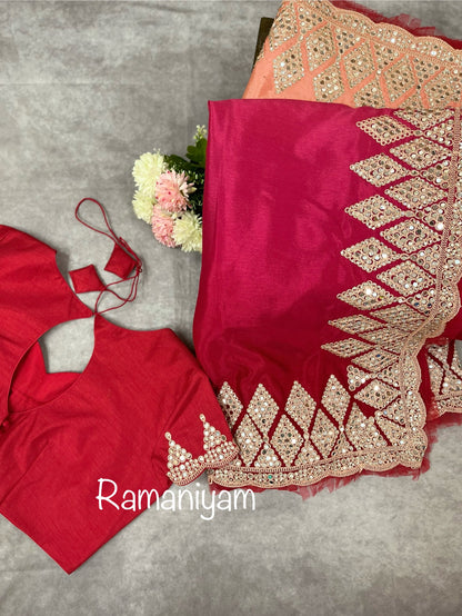 Party wear pink and red shaded crape silk saree embellished with intricate mirror work