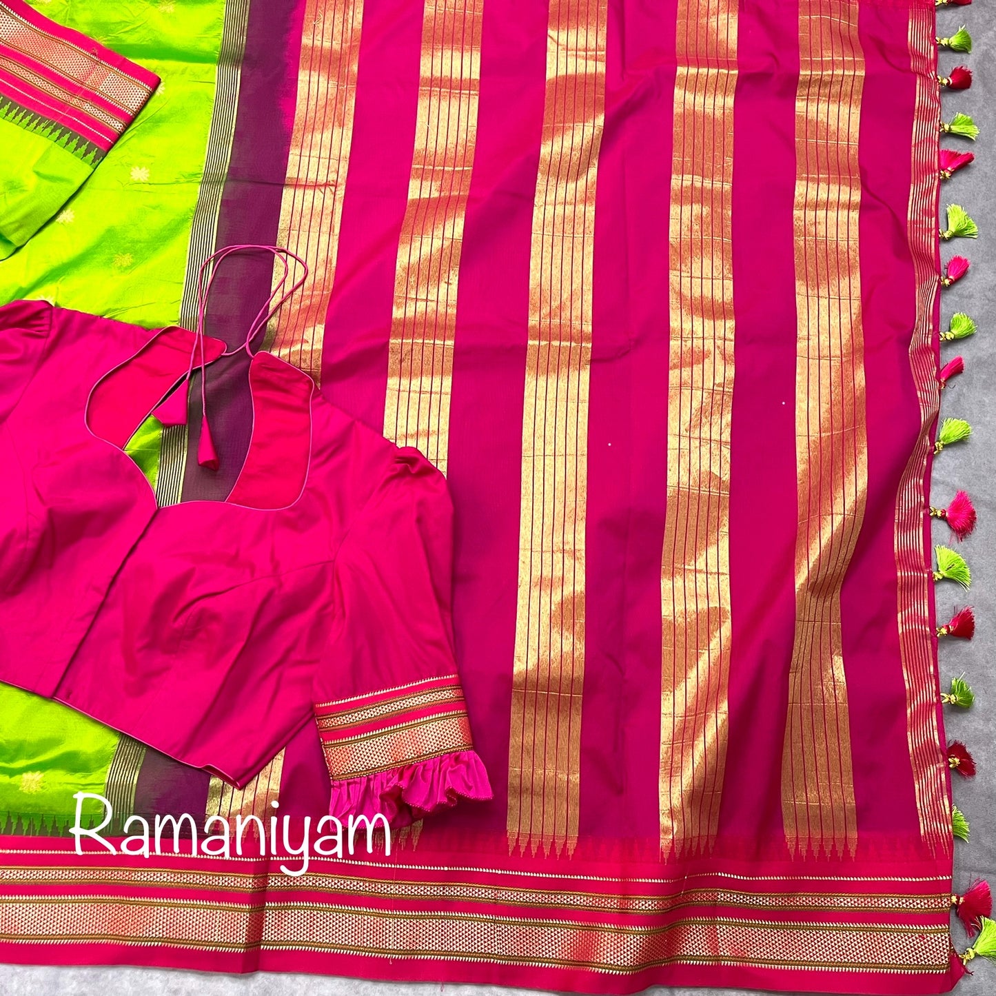 Parrot green and royal pink combination Paithani Erkal saree