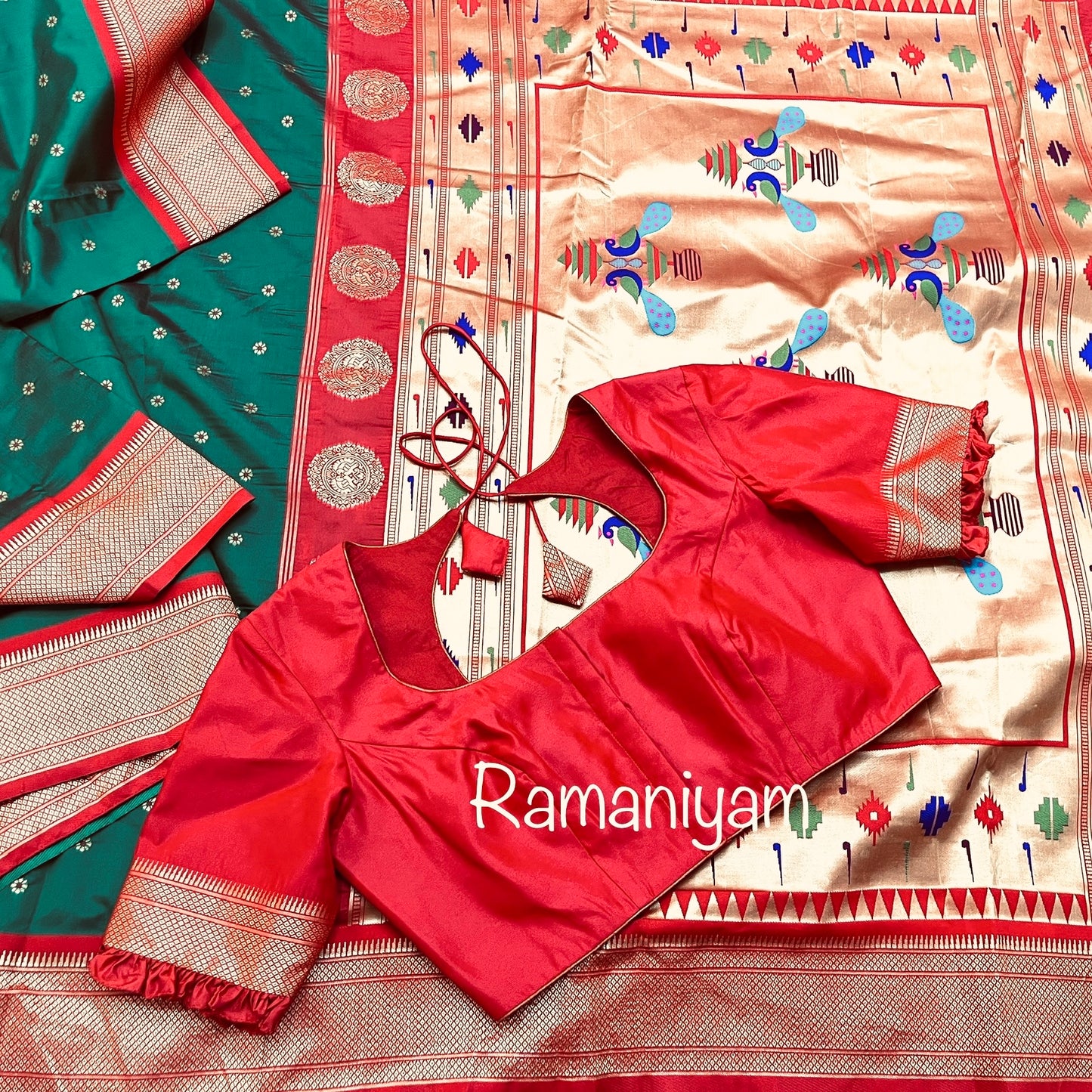 Bottle green and red maharani Paithani saree