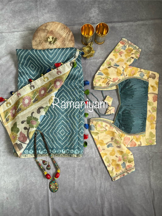 Grey Organza Bandhani saree with a Kalamkari pallu