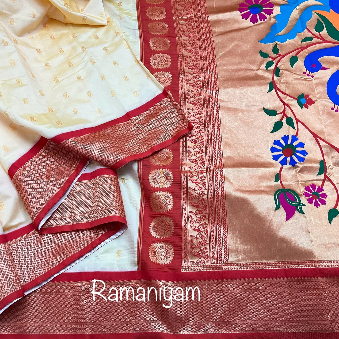 Off white and red Maharani Paithani saree