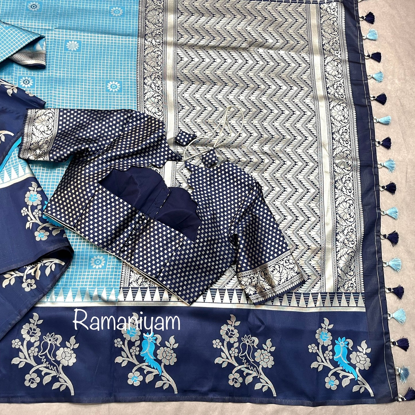 Soft Banarasi dola silk saree in light and navy blue