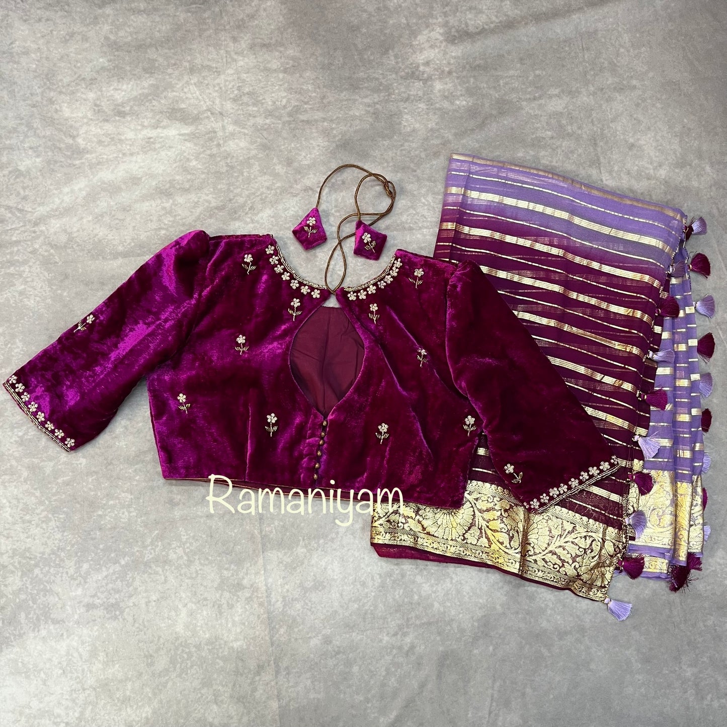 Dual shade of purple and lavender Banarasi georgette saree and velvet blouse