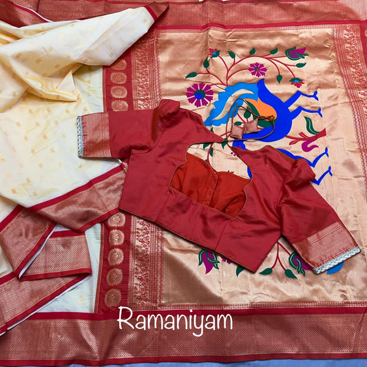 Off white and red Maharani Paithani saree