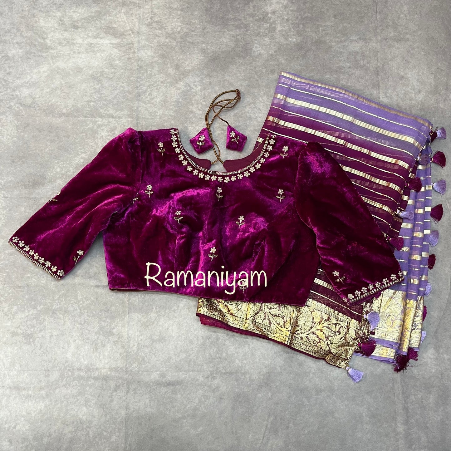 Dual shade of purple and lavender Banarasi georgette saree and velvet blouse