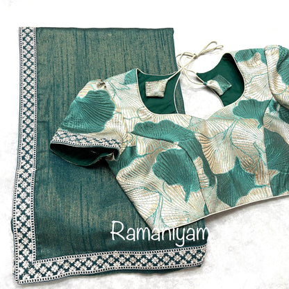 Tissue crape in metallic green with trendy silver and copper metallic blouse