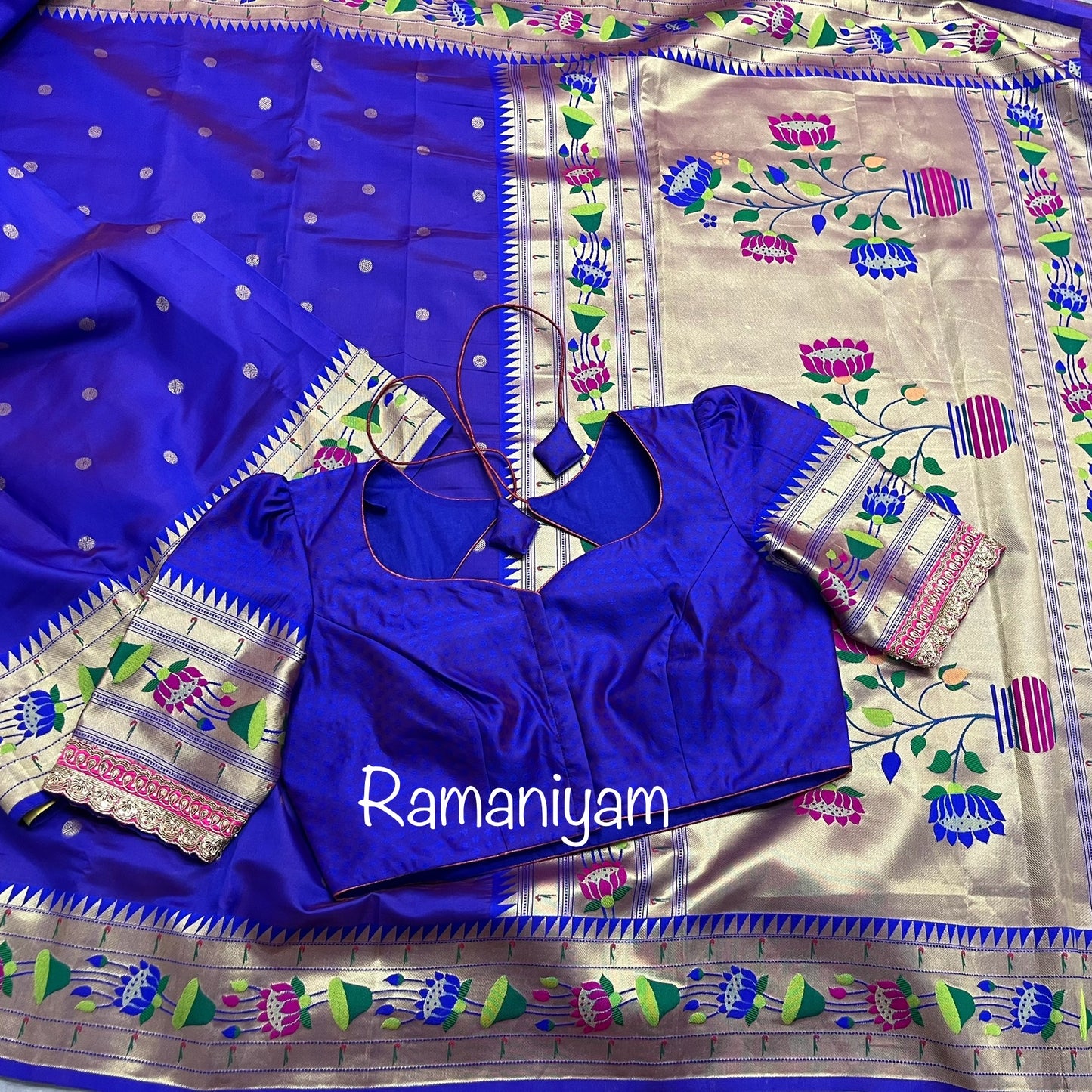 Royal blue lotus border paithani saree with hand work blouse