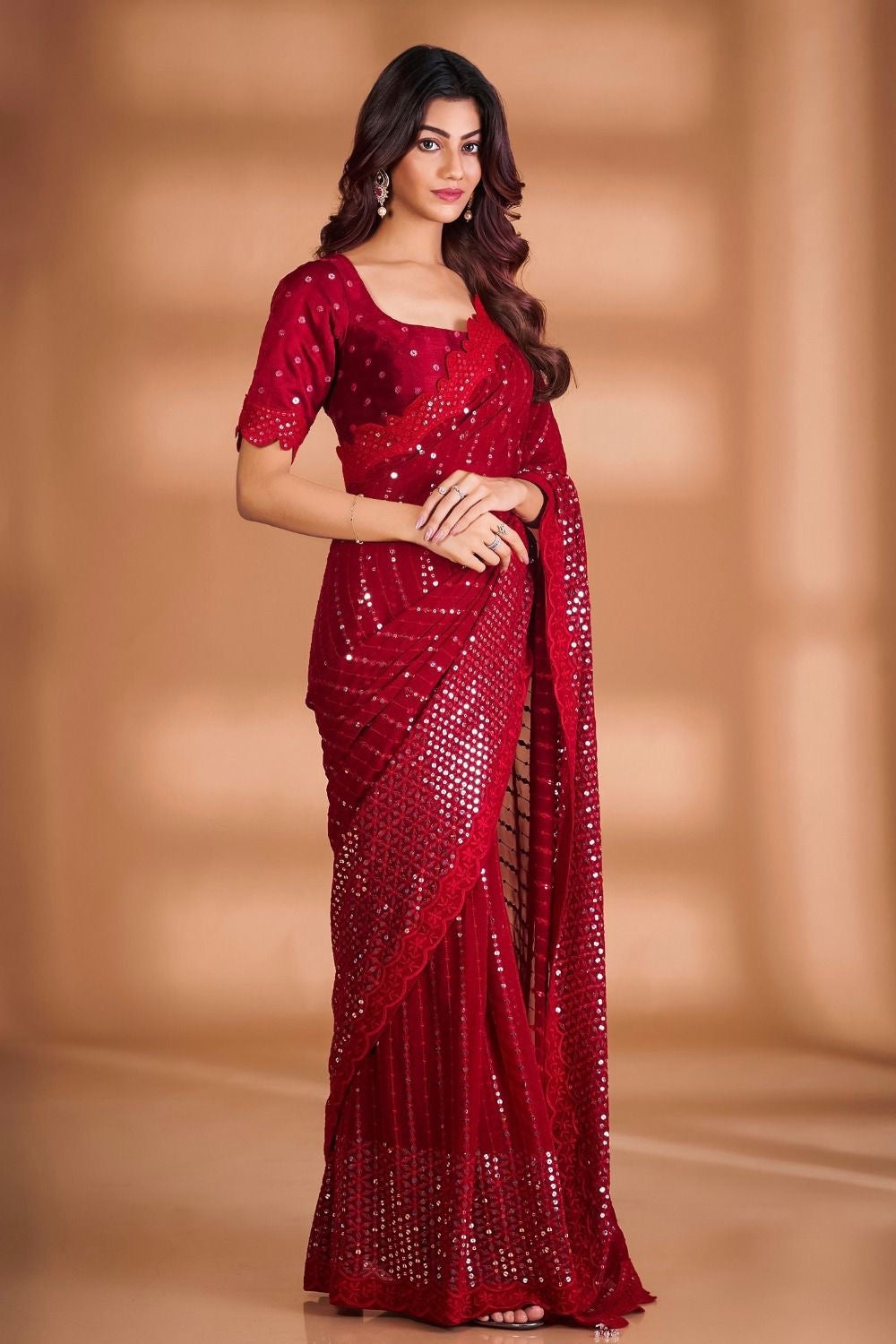 Party wear red georgette saree