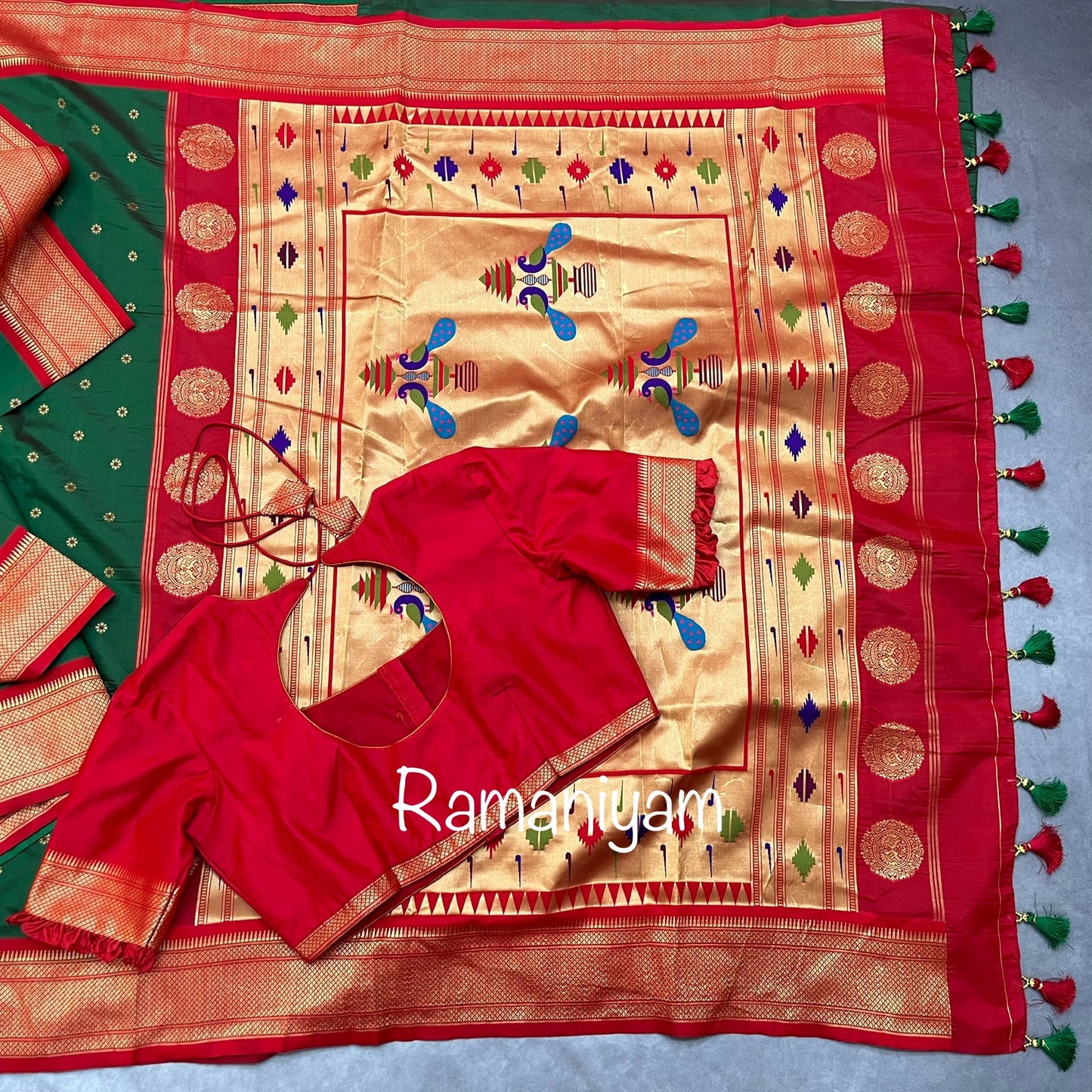 Bottle green and red maharani Paithani saree