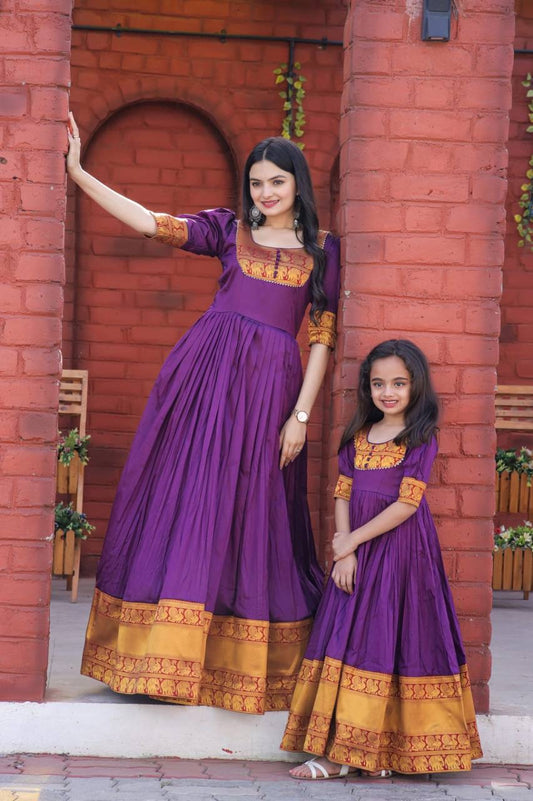 Narayanpet long frock Adult & kids combo 
color: Purple