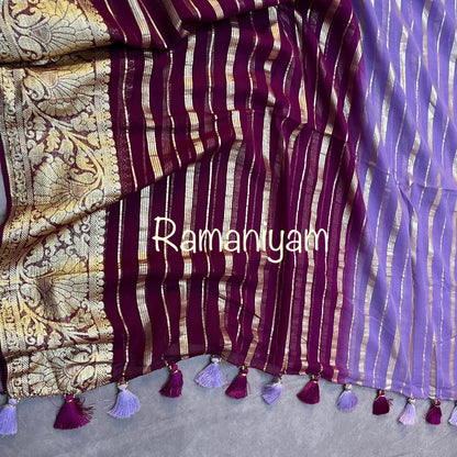 Dual shade of purple and lavender Banarasi georgette saree and velvet blouse