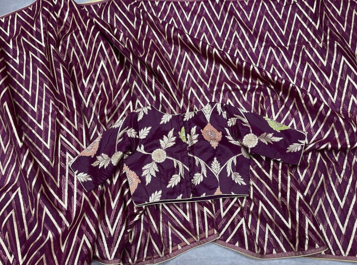 Wine color Organza saree with zigzag pattern