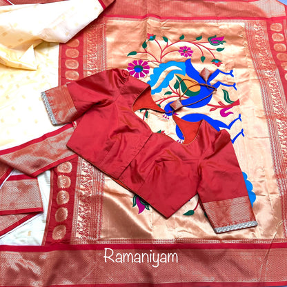 Off white and red Maharani Paithani saree