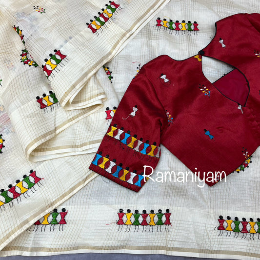 Cream Kota warli embroidery saree