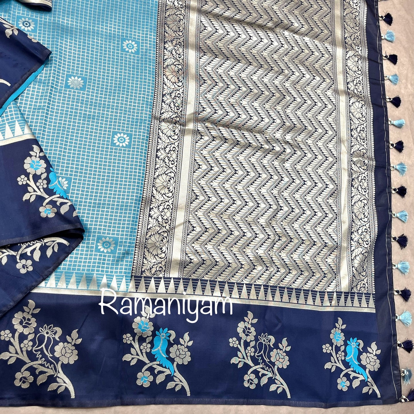 Soft Banarasi dola silk saree in light and navy blue