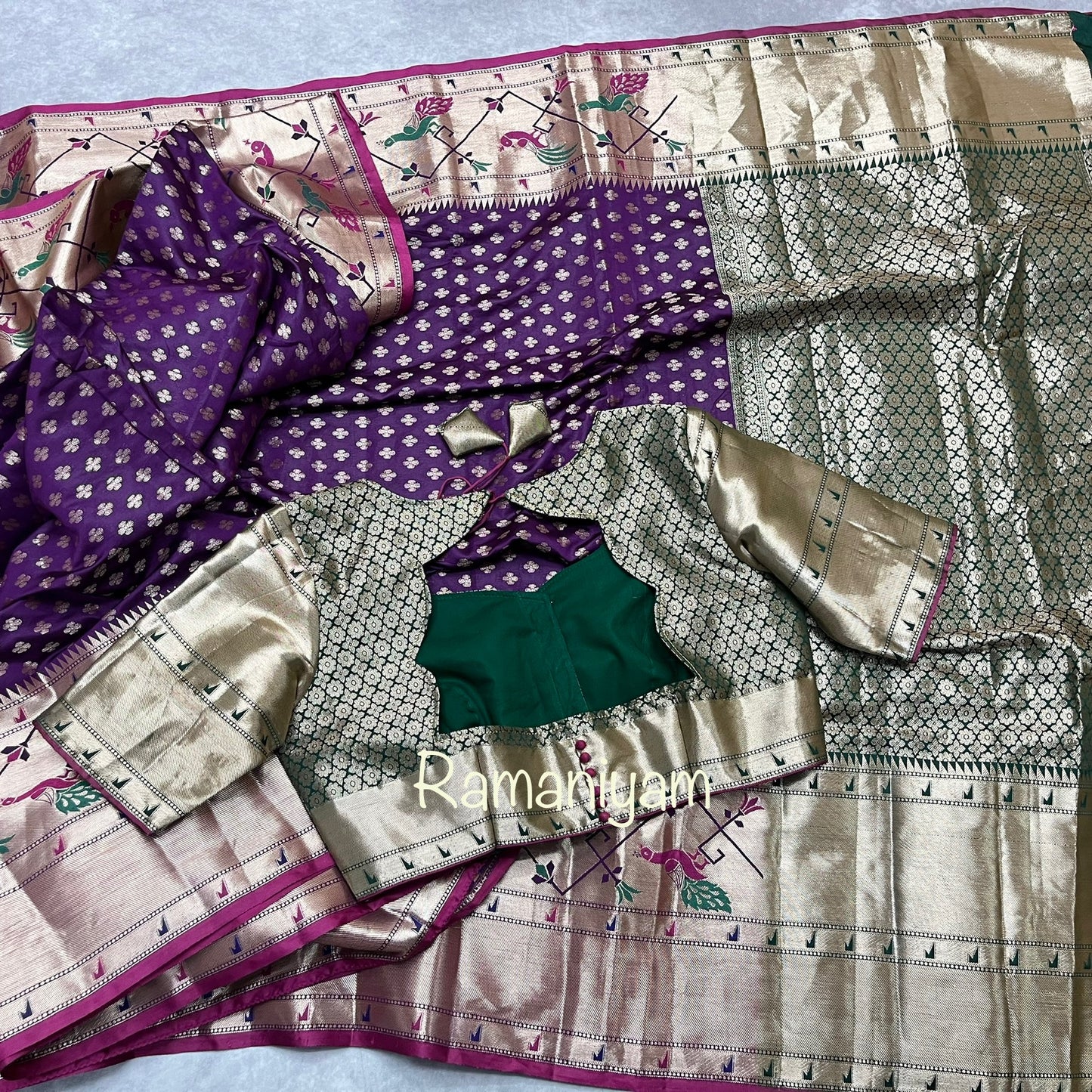 Purple Banarasi saree with Paithani borders