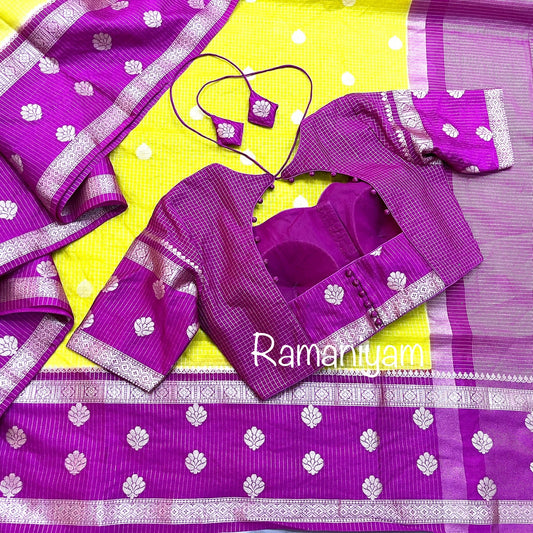 Banarasi dupion saree in lime green and magenta - Ramaniyam USA