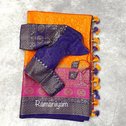 Banarasi dupion saree - Orange with pink and purple borders - Ramaniyam USA