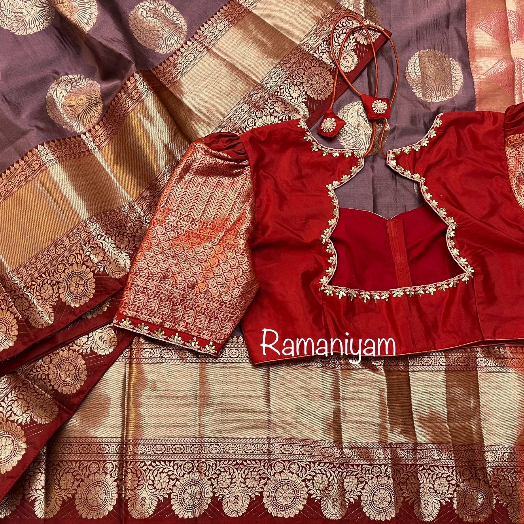 Banarasi saree with intricate Kanchi borders and hand work Blouse - Ramaniyam USA