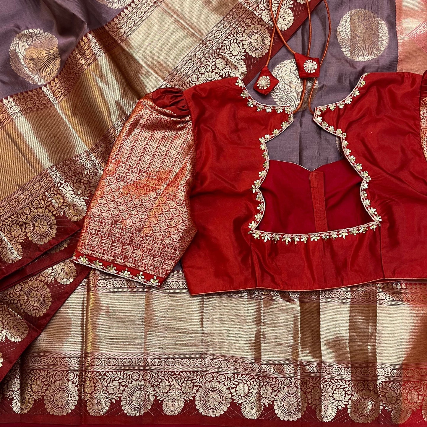 Banarasi saree with intricate Kanchi borders and hand work Blouse - Ramaniyam USA