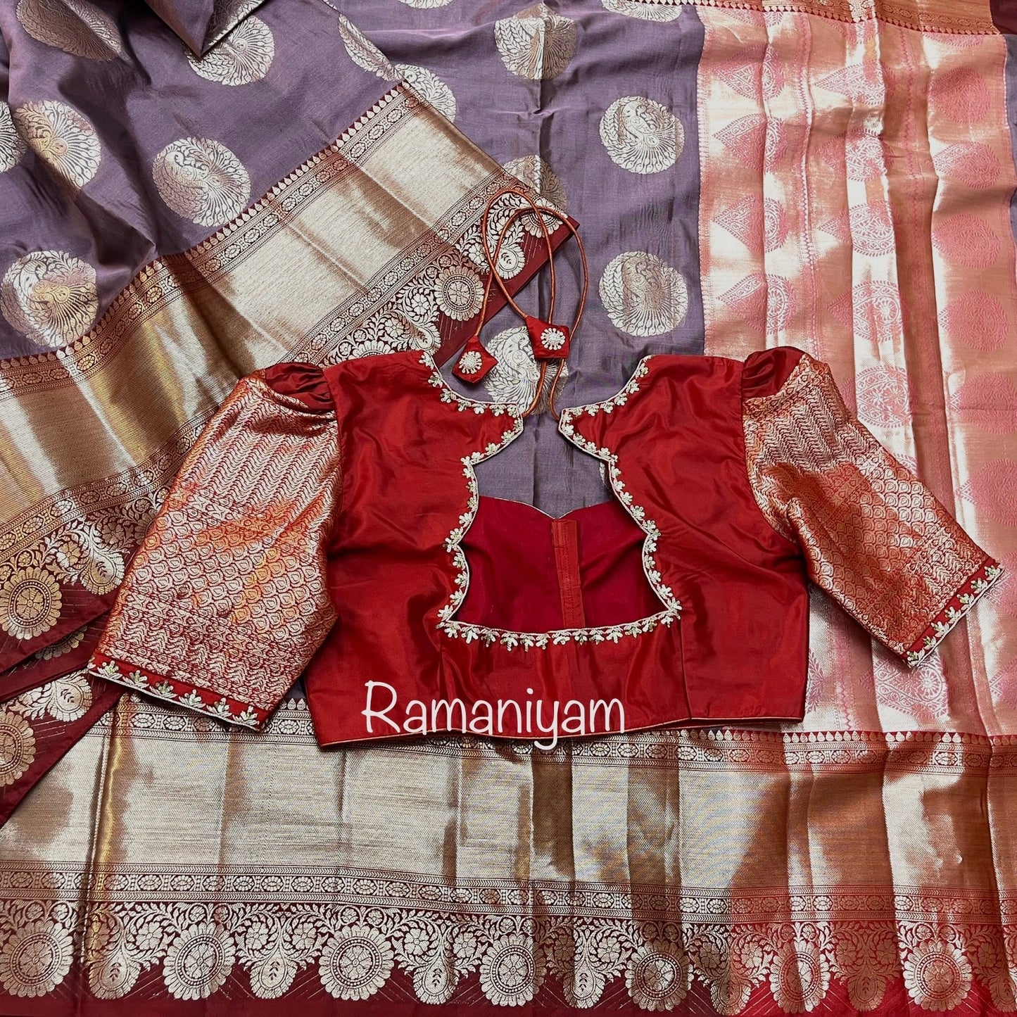 Banarasi saree with intricate Kanchi borders and hand work Blouse - Ramaniyam USA