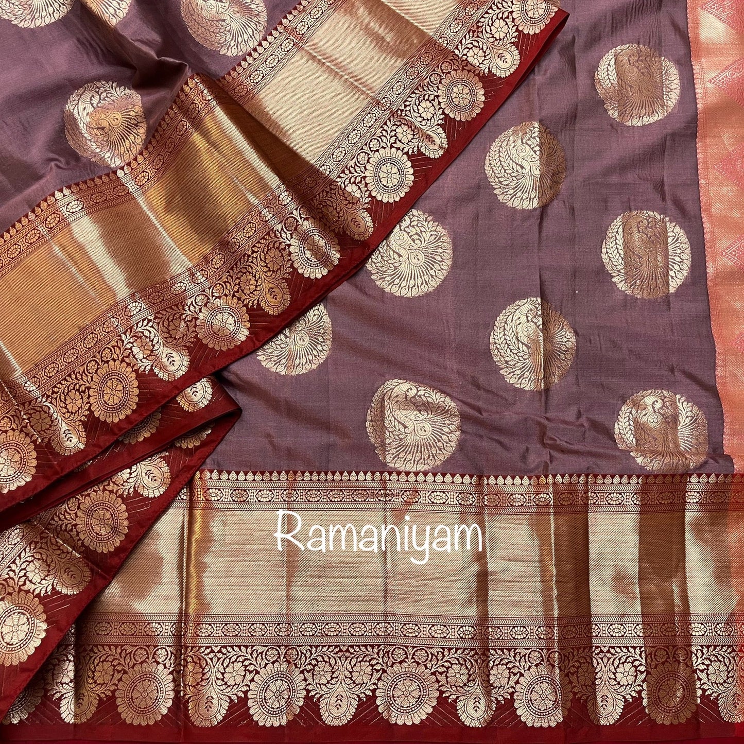 Banarasi saree with intricate Kanchi borders and hand work Blouse - Ramaniyam USA