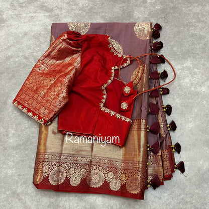 Banarasi saree with intricate Kanchi borders and hand work Blouse - Ramaniyam USA